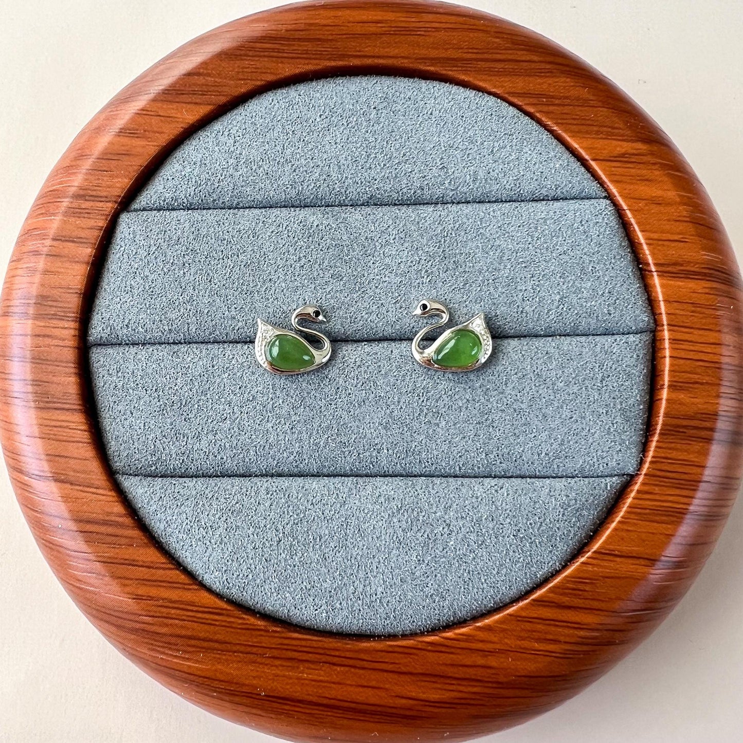 Jade Swan Earring Studs, Green Nephrite Jade Sterling Silver Earrings, JSY-0424-12208