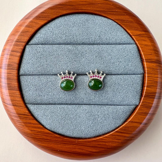Royal Crown Jade Earring Studs, Green Nephrite Jade Sterling Silver Earrings, JSY-0424-12191