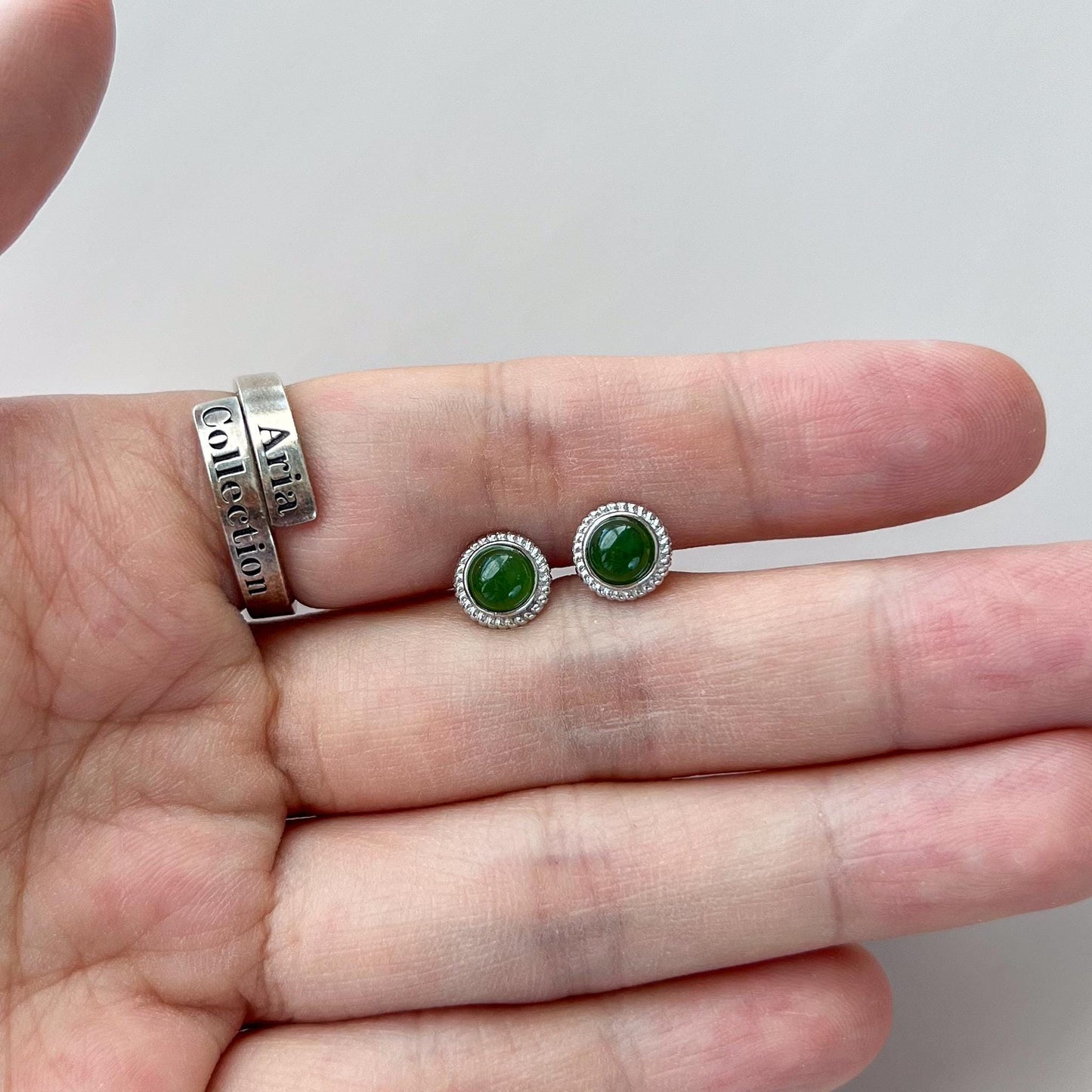 Small Classic Round Jade Earring Studs, Style 3, Green Nephrite Jade Sterling Silver Earrings, JSY-0424-12177