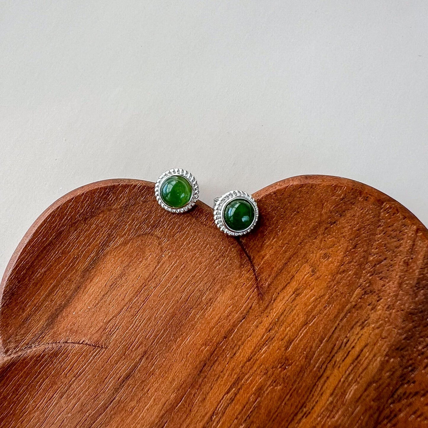 Small Classic Round Jade Earring Studs, Style 3, Green Nephrite Jade Sterling Silver Earrings, JSY-0424-12177
