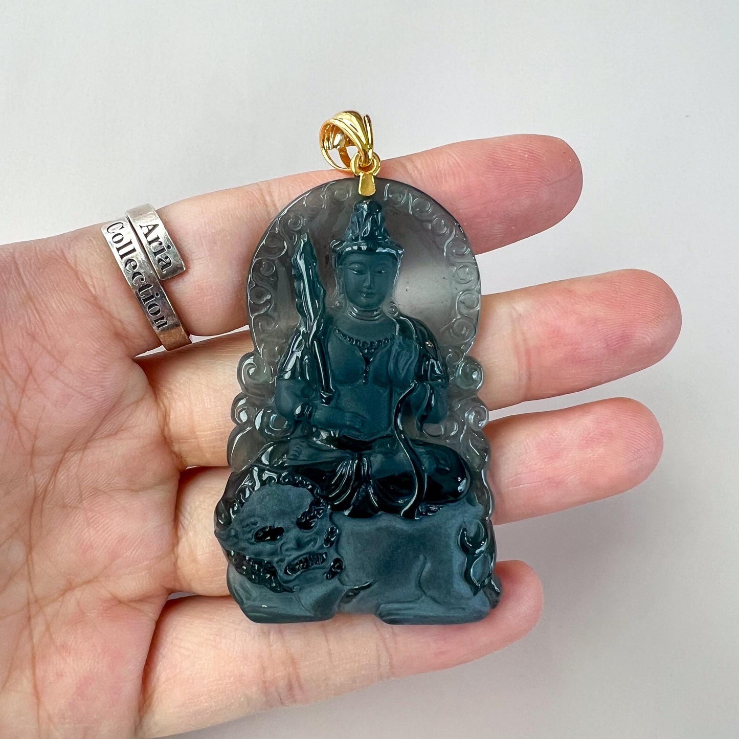 Manjushri Buddha Pendant with 18K gold, Jadeite Jade Wisdom Buddha Wen Shu, Văn Thù Sư Lợi Bồ Tát,  文殊, Carved Pendant, CHAR-0424-1762722517