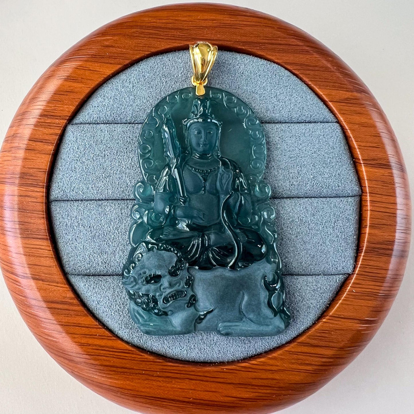 Manjushri Buddha Pendant with 18K gold, Jadeite Jade Wisdom Buddha Wen Shu, Văn Thù Sư Lợi Bồ Tát,  文殊, Carved Pendant, CHAR-0424-1762722517