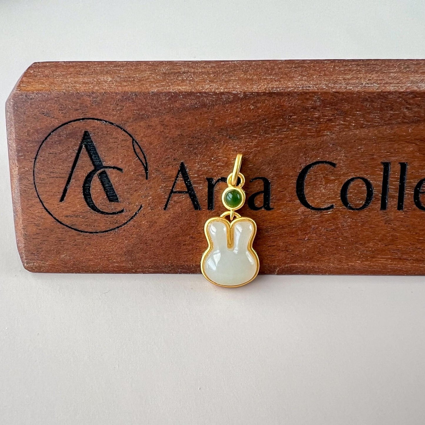 Lucky Rabbit Jade Pendant, Nephrite Jade Bunny Pendant with Gold Plated Sterling Silver, JSY-1025-0029