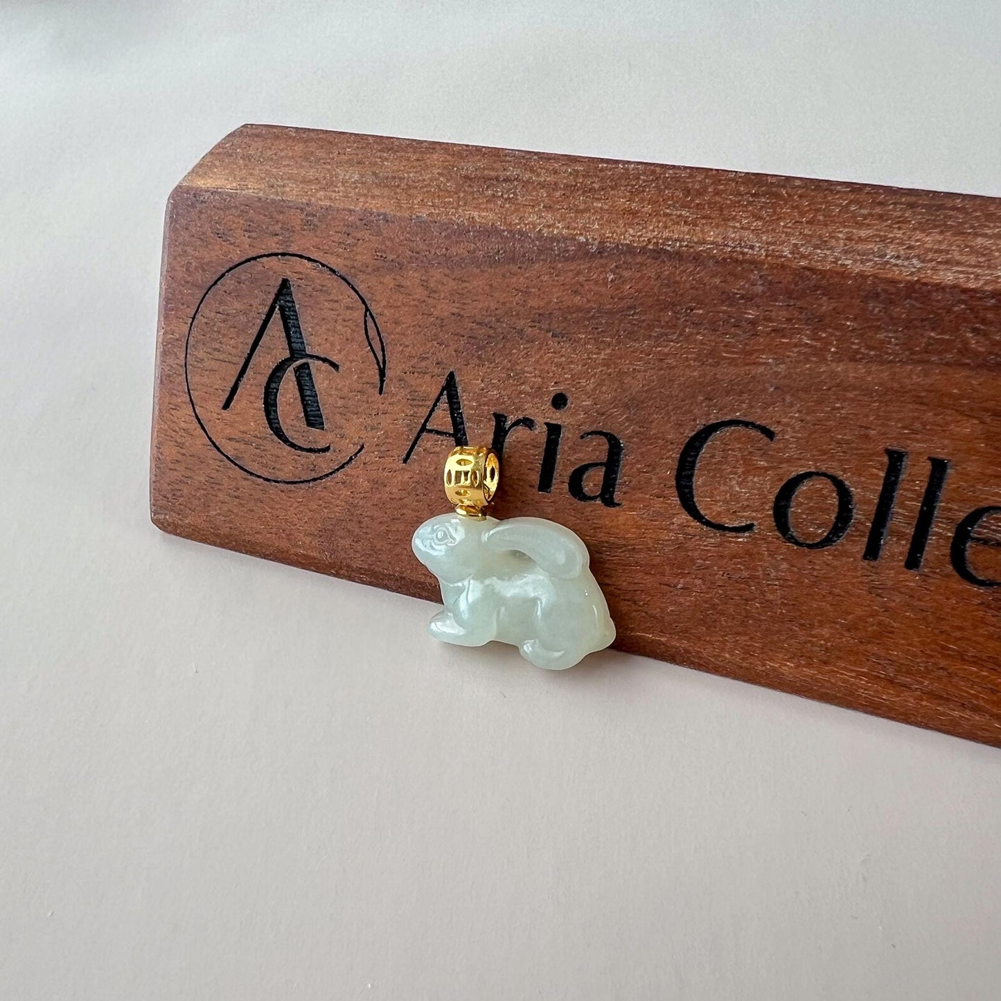 Harmony Rabbit Jade Pendant, Nephrite Jade Bunny Pendant with Gold Plated Sterling Silver, JSY-1025-3076