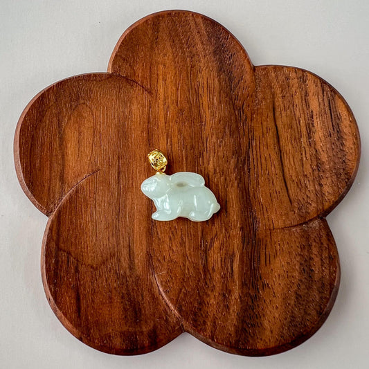 Harmony Rabbit Jade Pendant, Nephrite Jade Bunny Pendant with Gold Plated Sterling Silver, JSY-1025-3076