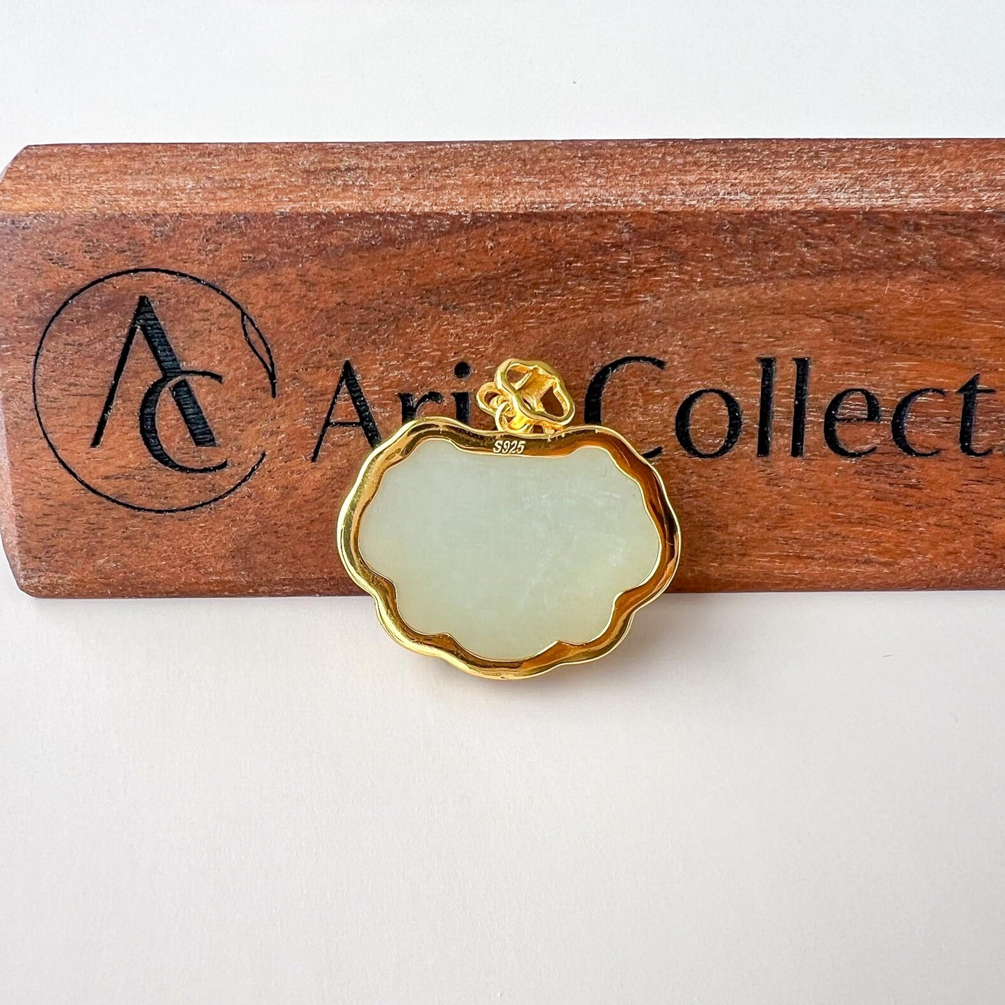 Lotus Radiance Ruyi Pendant, Nephrite Jade Gold Plated Sterling Silver Pendant, 如意, JSY-0424-3061