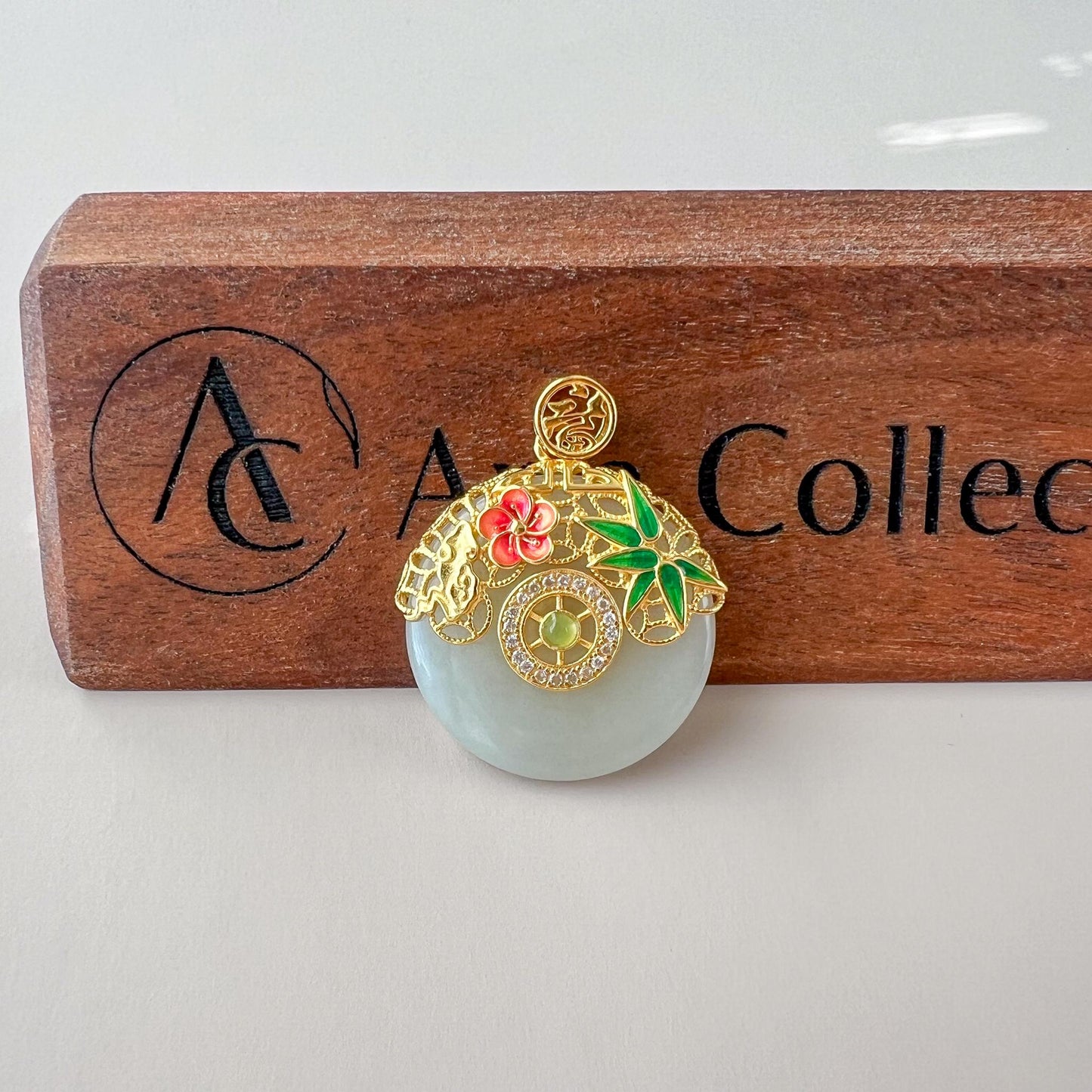 Eternal Spring Peace Jade Pendant, Jadeite Jade Pendant with Gold Plated Sterling Silver, Ping An Kou, JSY-0424-3081