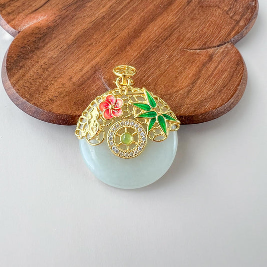 Eternal Spring Peace Jade Pendant, Jadeite Jade Pendant with Gold Plated Sterling Silver, Ping An Kou, JSY-0424-3081