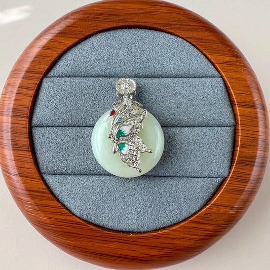 Moonlit Butterfly Peace Jade Pendant, Jadeite Jade Pendant with Sterling Silver, Ping An Kou, JSY-0424-0046