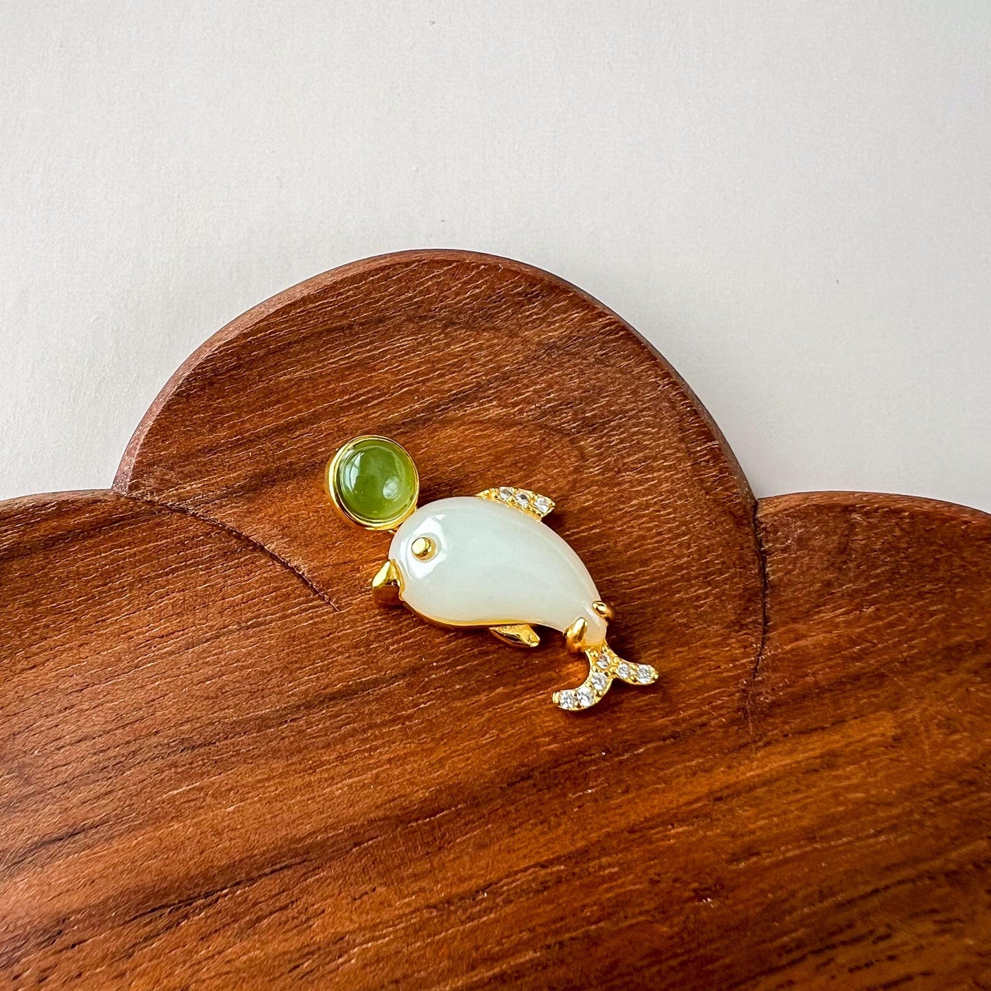 Harmony Dolphin Jade Pendant, Nephrite Jade Gold Plated Sterling Silver Pendant, JSY-0424-4246