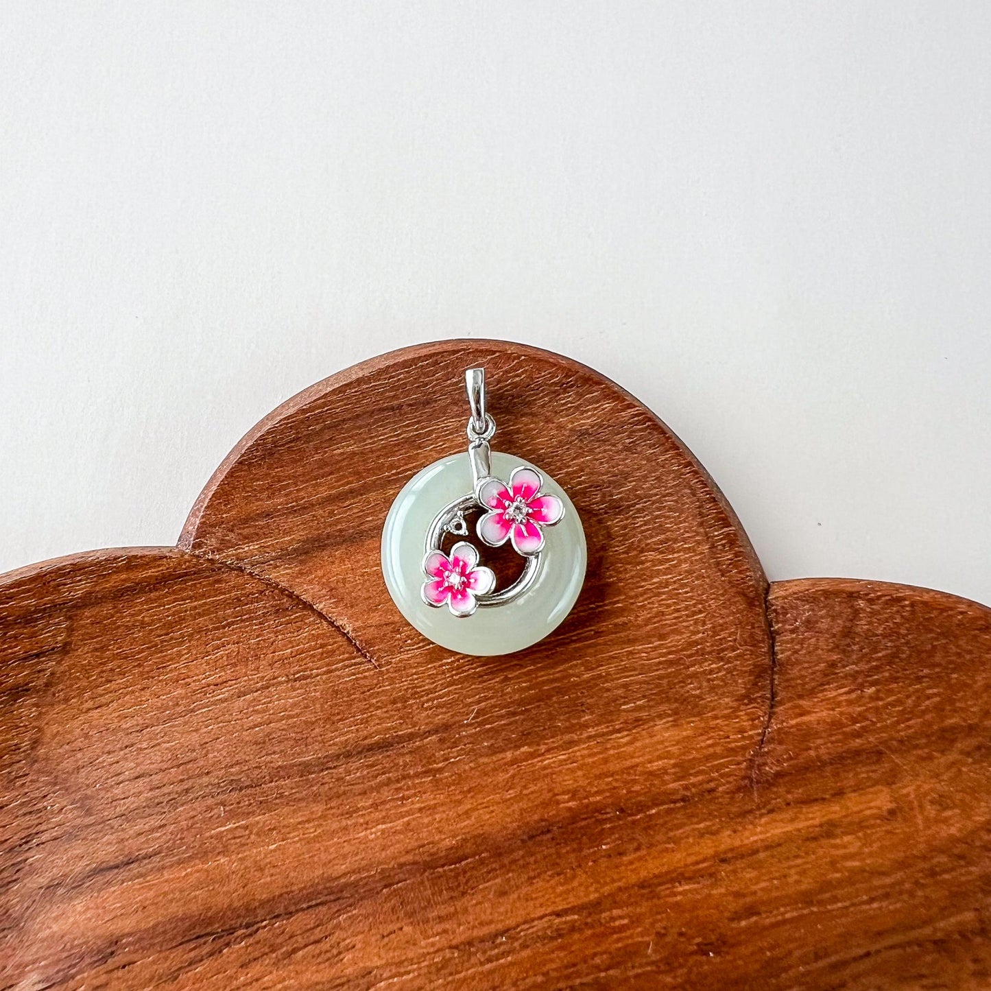 Cherry Blossom Peace Pendant, Nephrite Jade Pendant with Sterling Silver, Ping An Kou, JSY-0424-3093