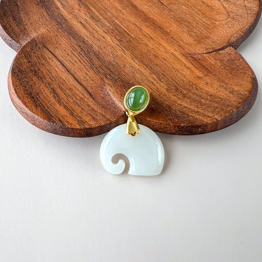 Elephant Blessing Jade Pendant, Nephrite Jade Gold Plated Sterling Silver Pendant, JSY-0424-4057