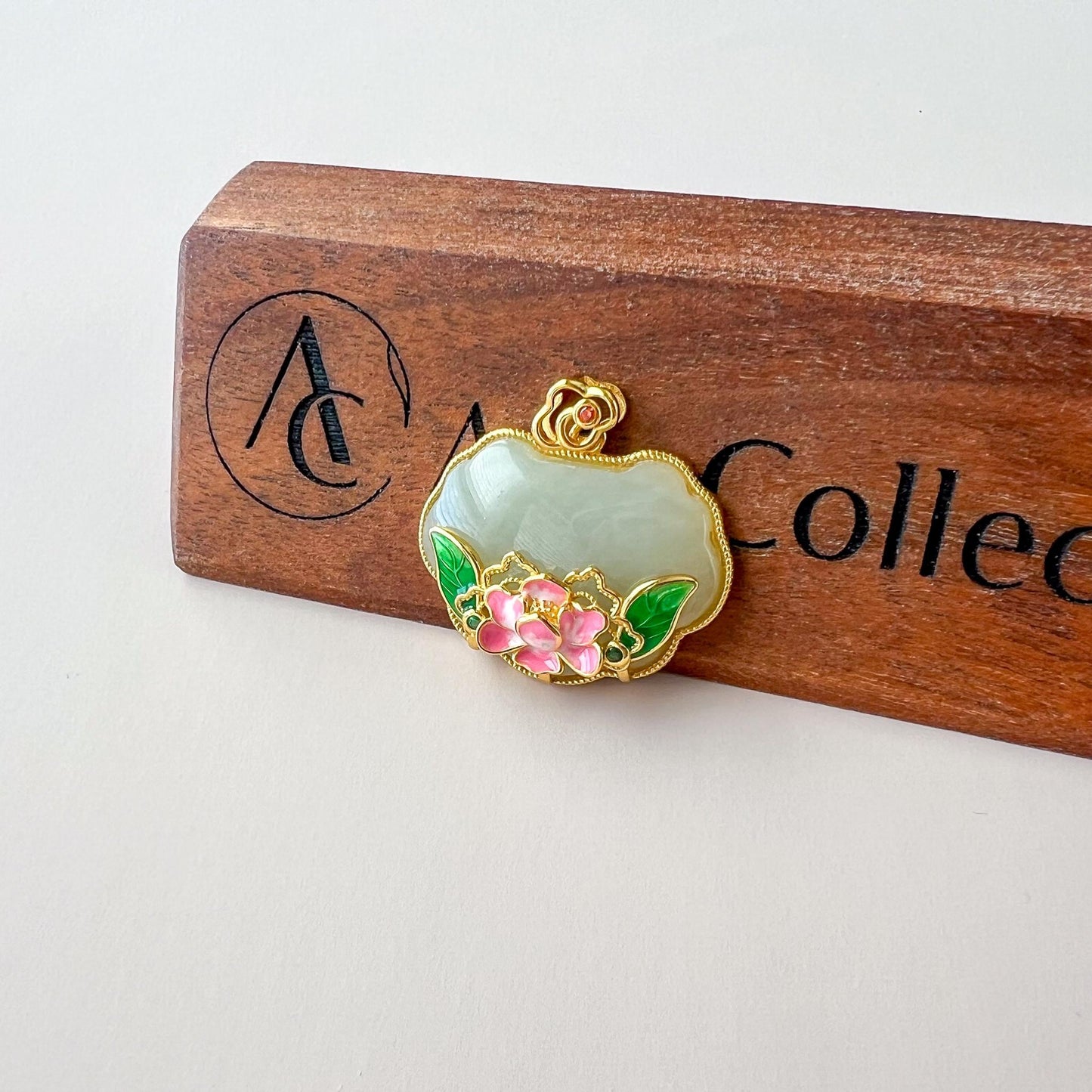 Lotus Radiance Ruyi Pendant, Nephrite Jade Gold Plated Sterling Silver Pendant, 如意, JSY-0424-3061