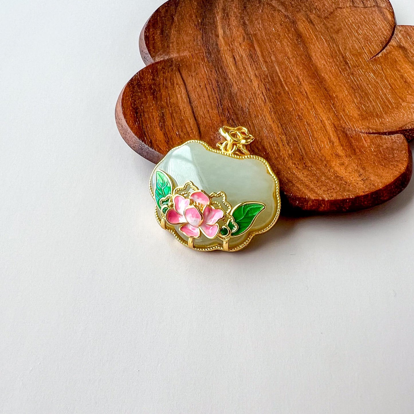 Lotus Radiance Ruyi Pendant, Nephrite Jade Gold Plated Sterling Silver Pendant, 如意, JSY-0424-3061