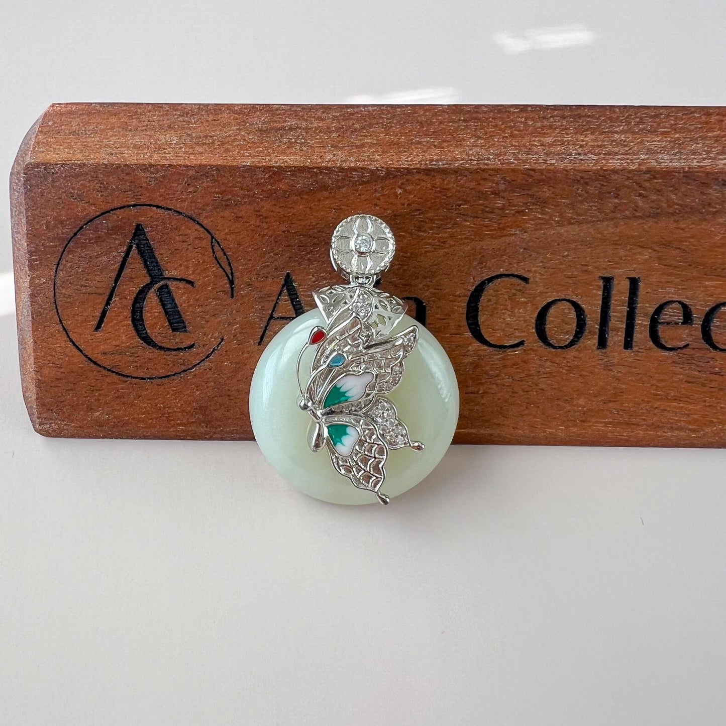 Moonlit Butterfly Peace Jade Pendant, Jadeite Jade Pendant with Sterling Silver, Ping An Kou, JSY-0424-0046