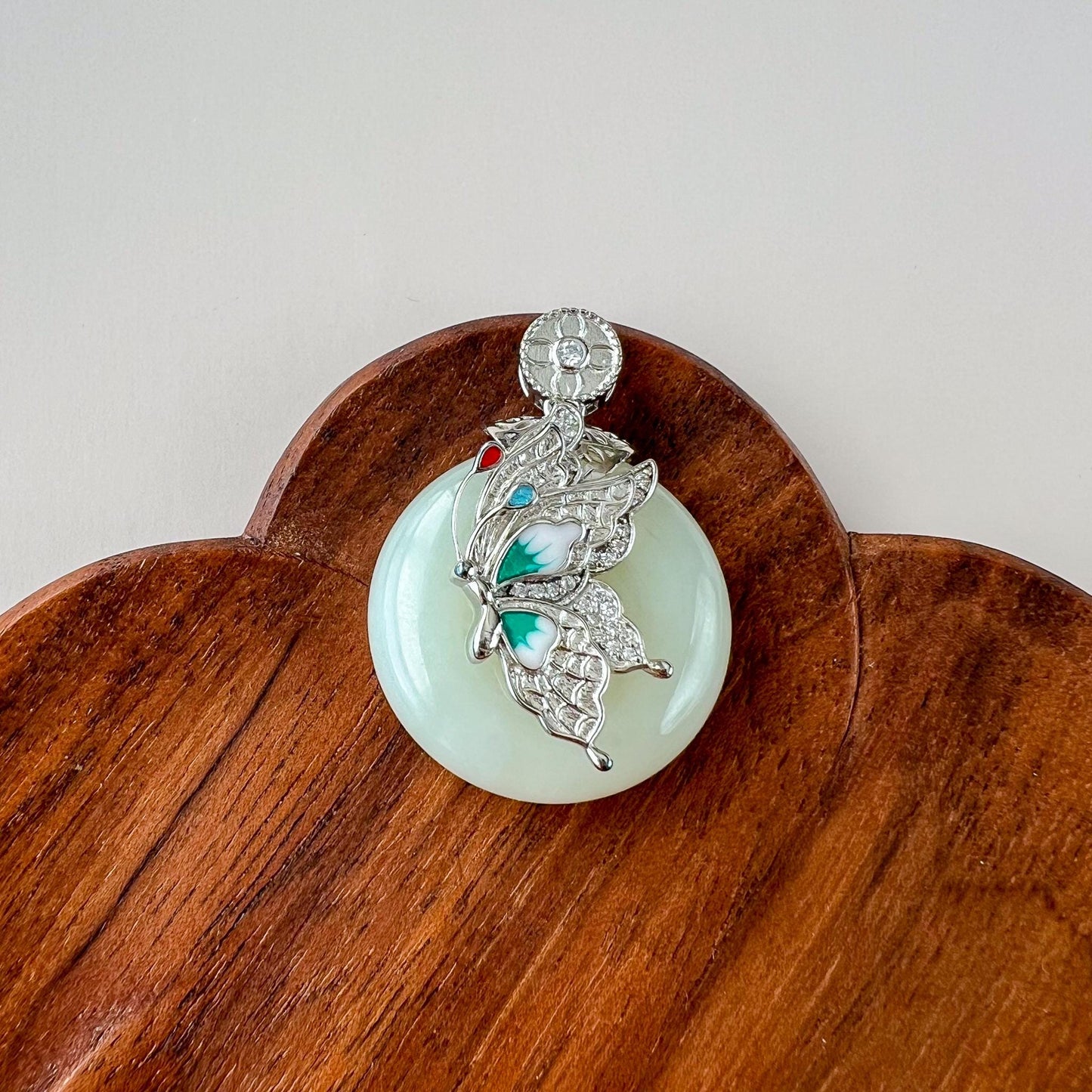 Moonlit Butterfly Peace Jade Pendant, Jadeite Jade Pendant with Sterling Silver, Ping An Kou, JSY-0424-0046