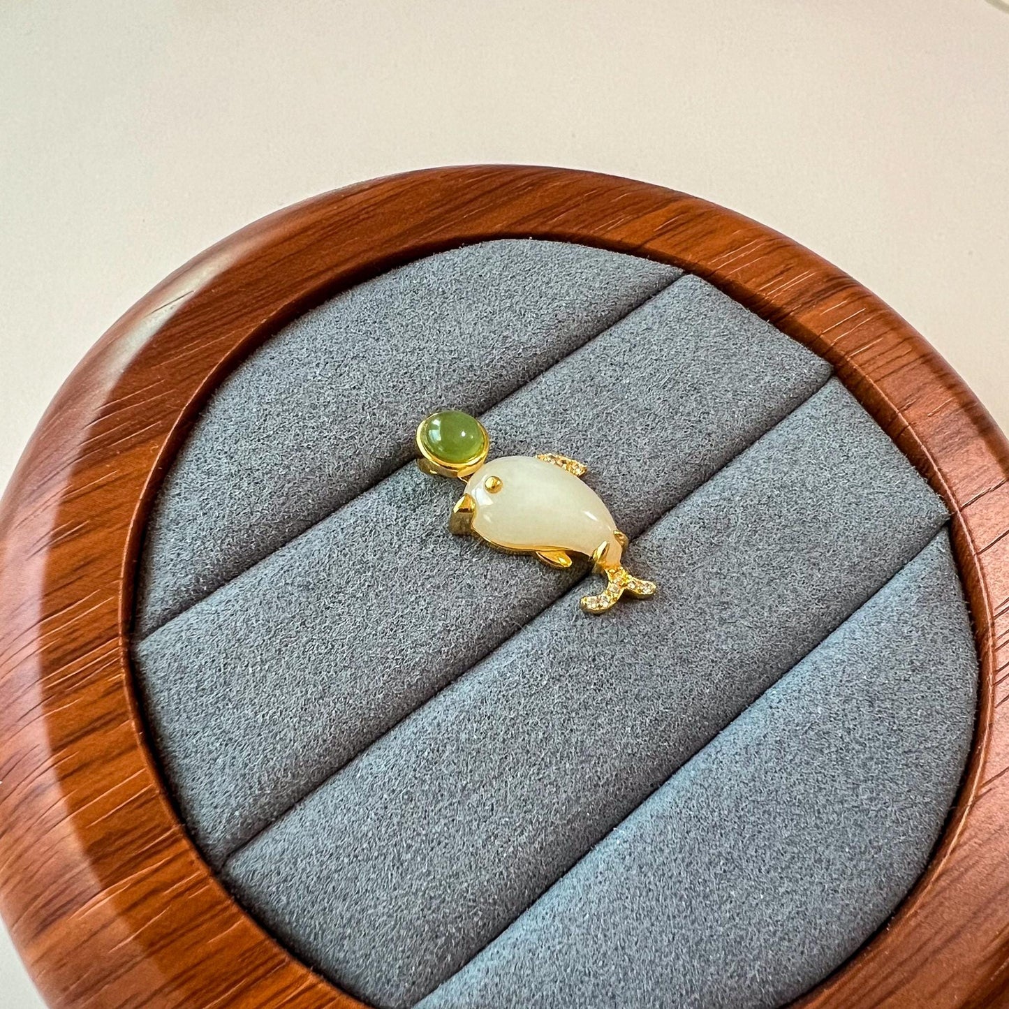 Harmony Dolphin Jade Pendant, Nephrite Jade Gold Plated Sterling Silver Pendant, JSY-0424-4246