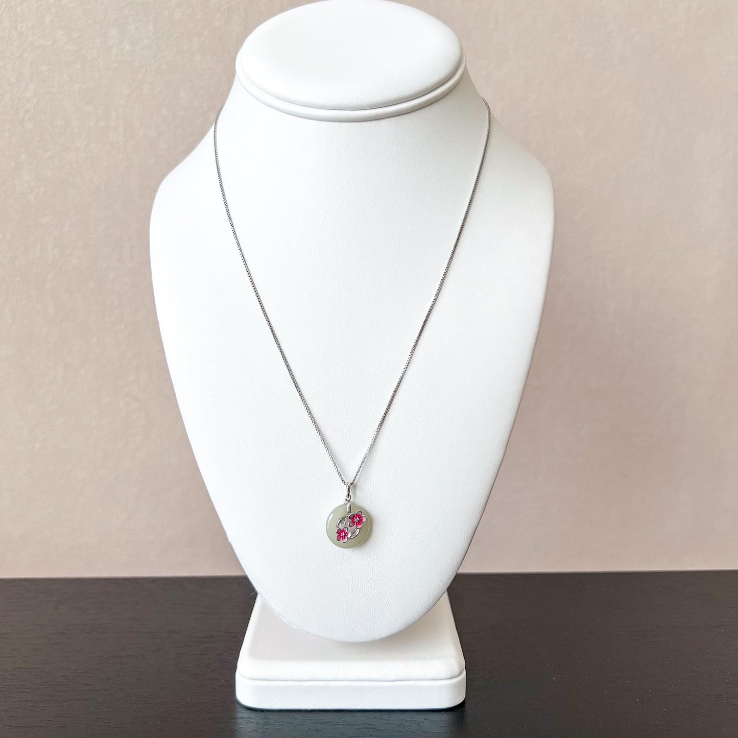 Cherry Blossom Peace Pendant, Nephrite Jade Pendant with Sterling Silver, Ping An Kou, JSY-0424-3093