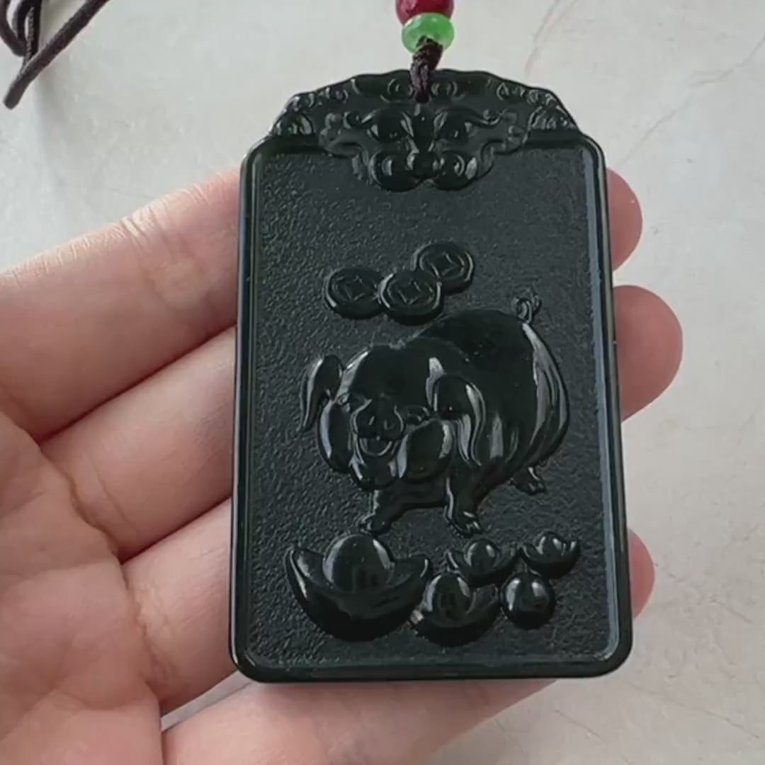 Video of hand-carved green jade Amitabha pendant with pig zodiac carving, elegant spiritual style