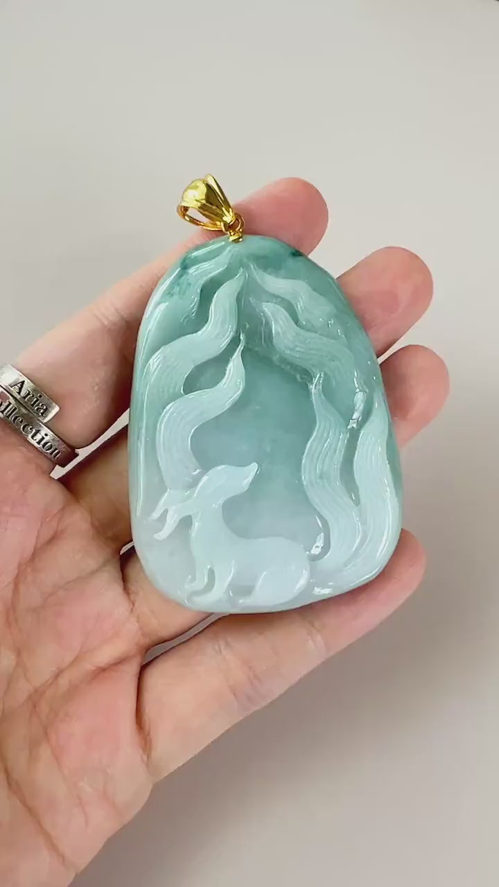 Celestial Nine 9 Tail Fox Jade Pendant with 18K Gold, Light Green