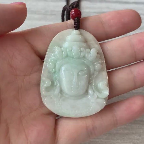 Video of Aria Design Collection jadeite jade Guan Yin pendant, pale green-white carved spiritual style pendant