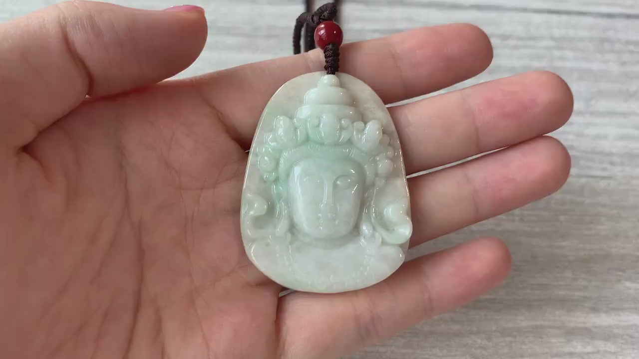 Video of Aria Design Collection jadeite jade Guan Yin pendant, pale green-white carved spiritual style pendant