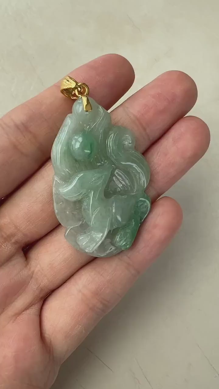 Nine 9 Tail Fox Jade Pendant with 18K Gold, Jadeite Jade Nine 9 Tail Fox Jade Pendant with 18K Gold, Jadeite Jade