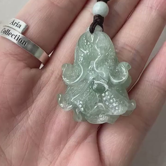 Video of hand-carved jadeite jade cabbage pendant necklace in rich natural green tones with organic stone texture