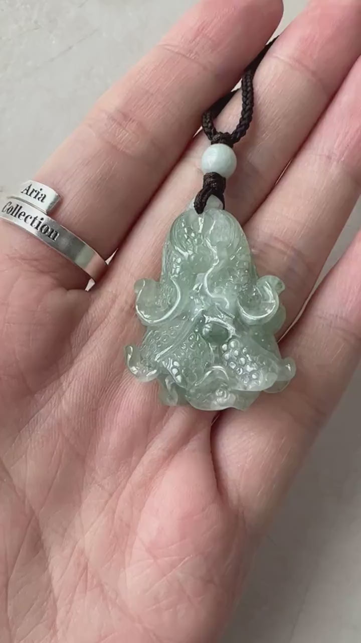 Video of hand-carved jadeite jade cabbage pendant necklace in rich natural green tones with organic stone texture