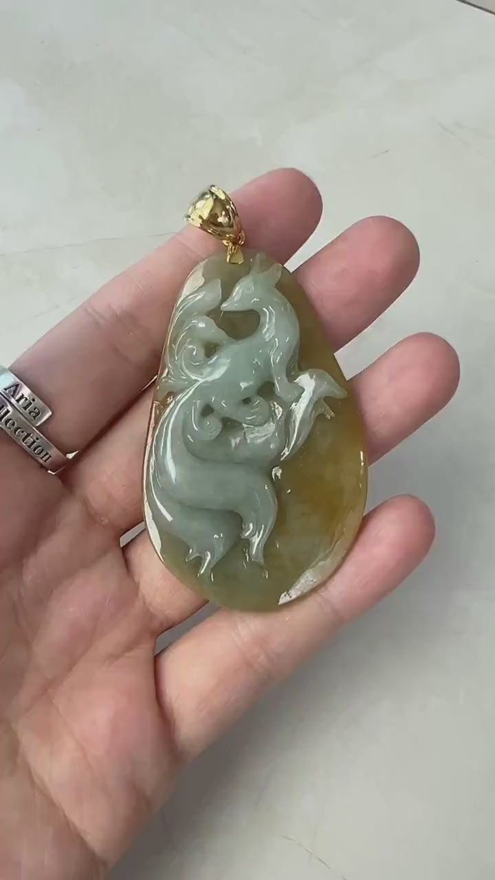Golden Nine 9 Tail Fox Jadeite Jade Pendant with 18K Gold (Yellow