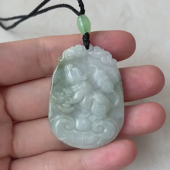 Video of hand-carved jade rat pendant with Ruyi, Chinese coins and gold ingot, detailed and one-of-a-kind