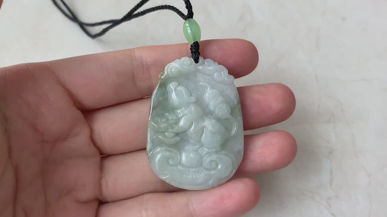 Video of hand-carved jade rat pendant with Ruyi, Chinese coins and gold ingot, detailed and one-of-a-kind
