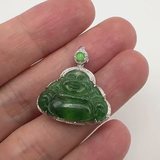 Video of a dainty Laughing Buddha pendant in rich green jadeite, set in 18K white gold with a matching jade cabochon