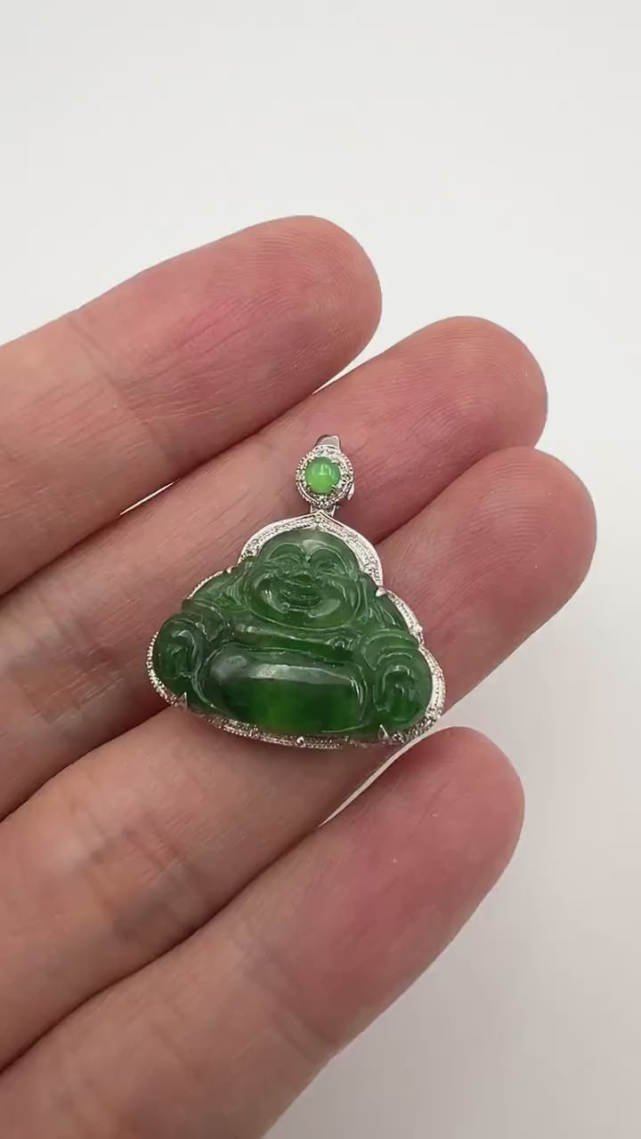 Video of a dainty Laughing Buddha pendant in rich green jadeite, set in 18K white gold with a matching jade cabochon