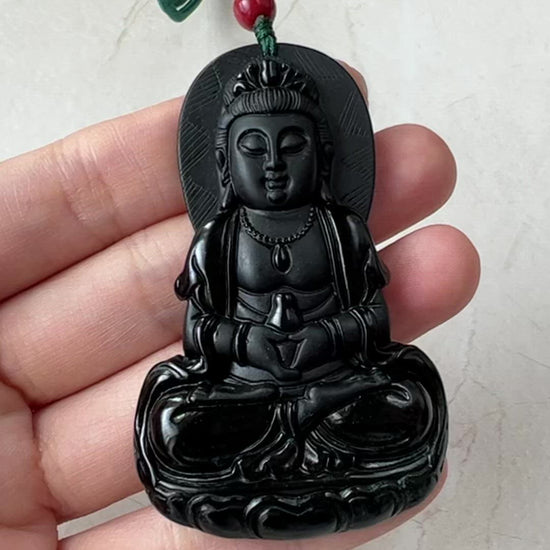 Black Jadeite Jade Omphacite Guan Yin Necklace