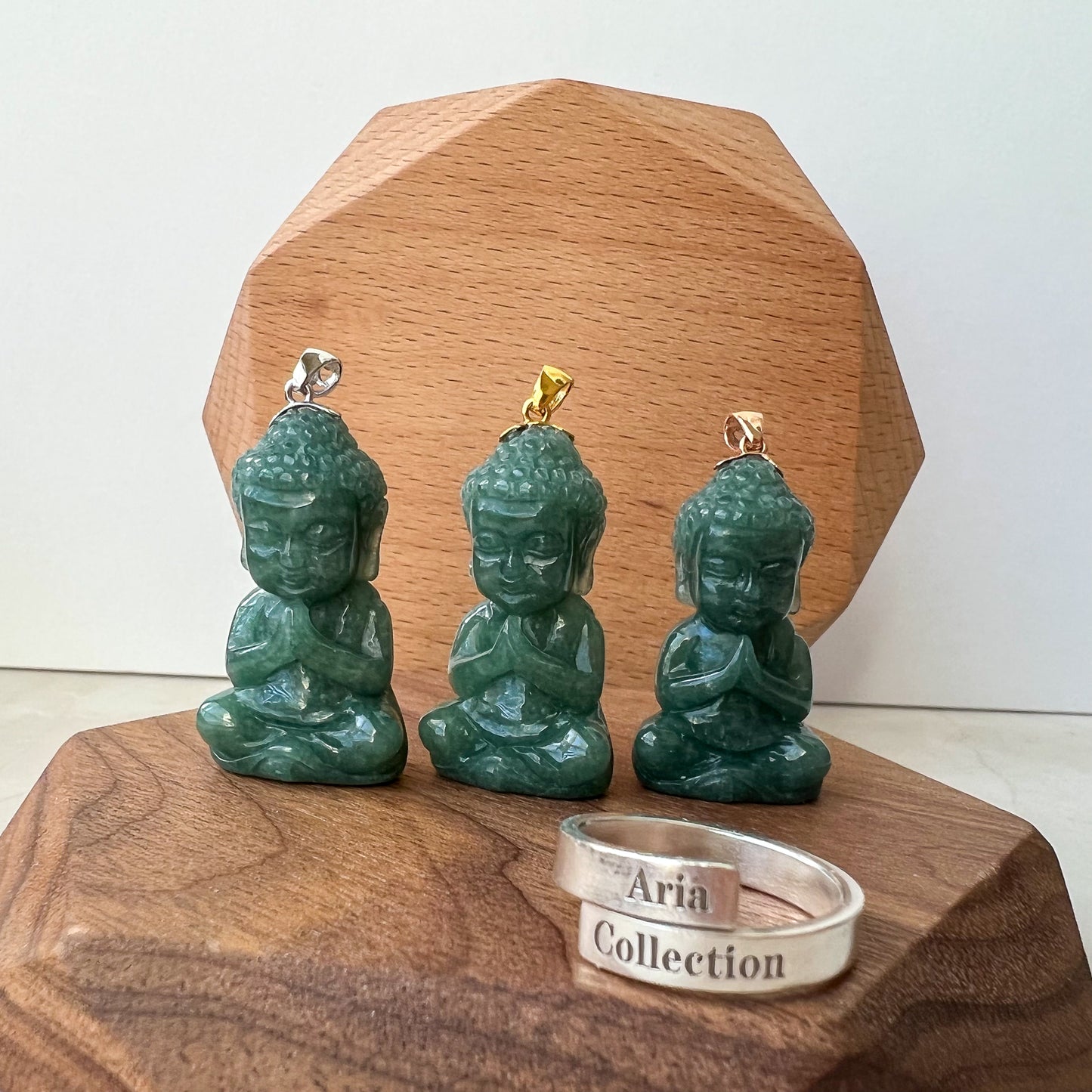 Baby Buddha with 18K Gold Bail, Green Jadeite Jade Carved Pendant - AriaDesignCollection