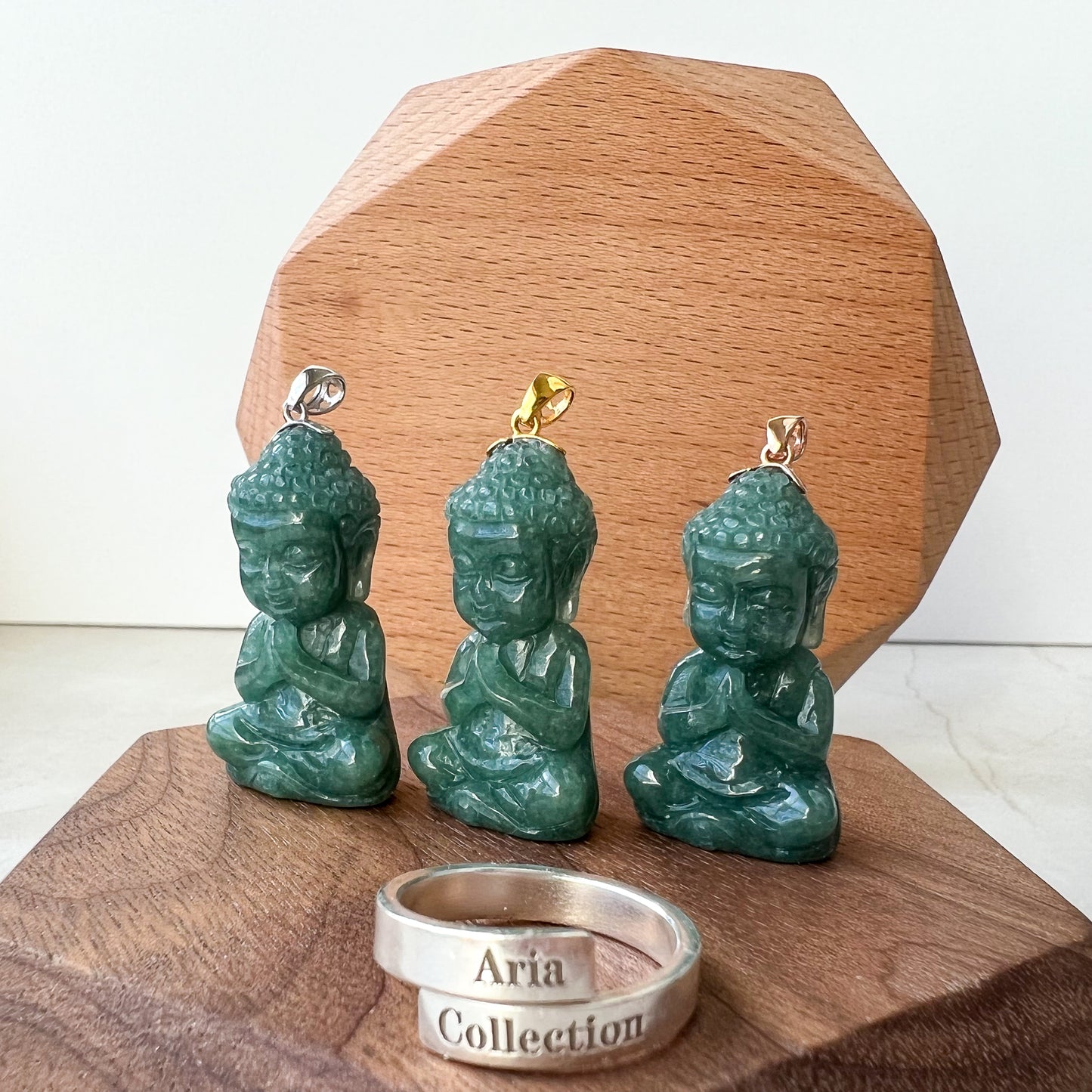 Baby Buddha with 18K Gold Bail, Green Jadeite Jade Carved Pendant - AriaDesignCollection