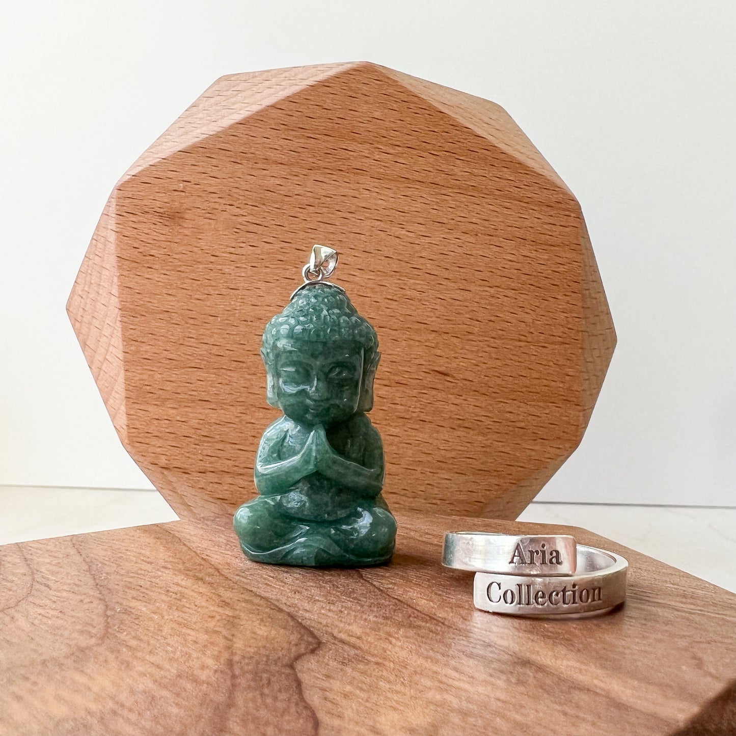 Baby Buddha with 18K Gold Bail, Green Jadeite Jade Carved Pendant - AriaDesignCollection