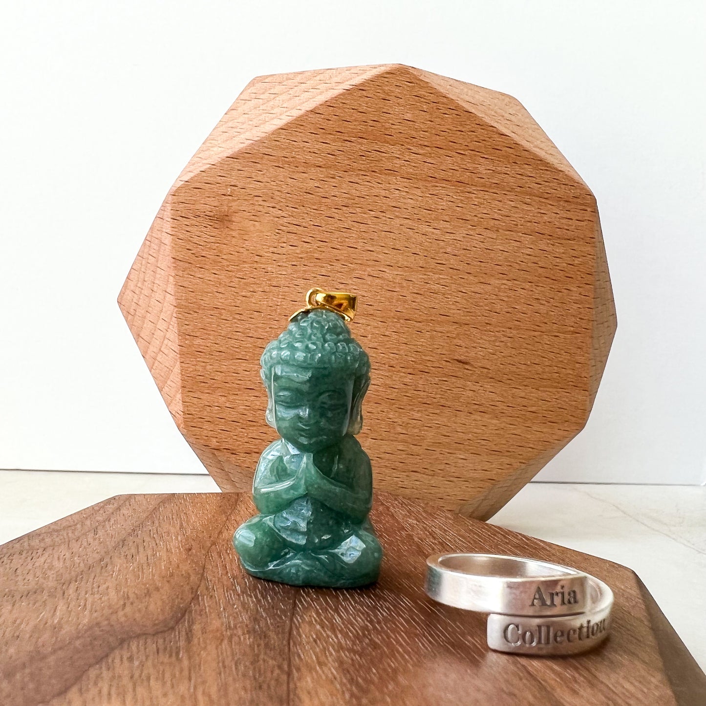 Baby Buddha with 18K Gold Bail, Green Jadeite Jade Carved Pendant - AriaDesignCollection