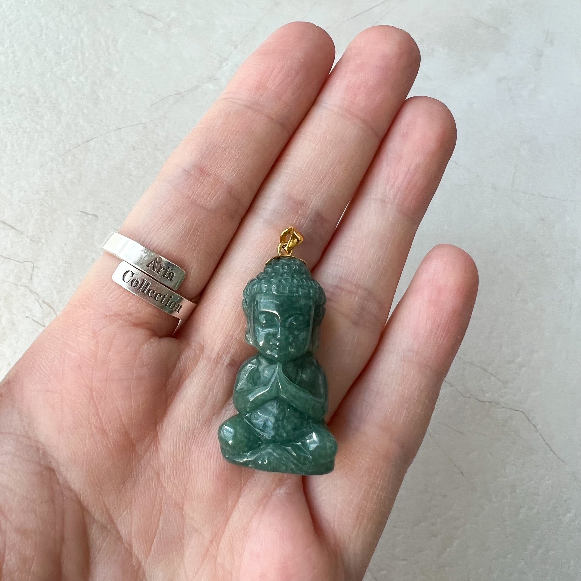 Baby Buddha with 18K Gold Bail, Green Jadeite Jade Carved Pendant - AriaDesignCollection