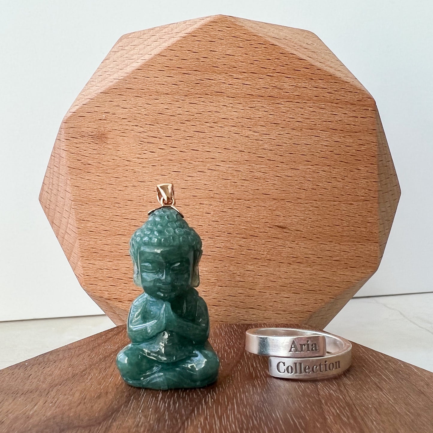 Baby Buddha with 18K Gold Bail, Green Jadeite Jade Carved Pendant - AriaDesignCollection