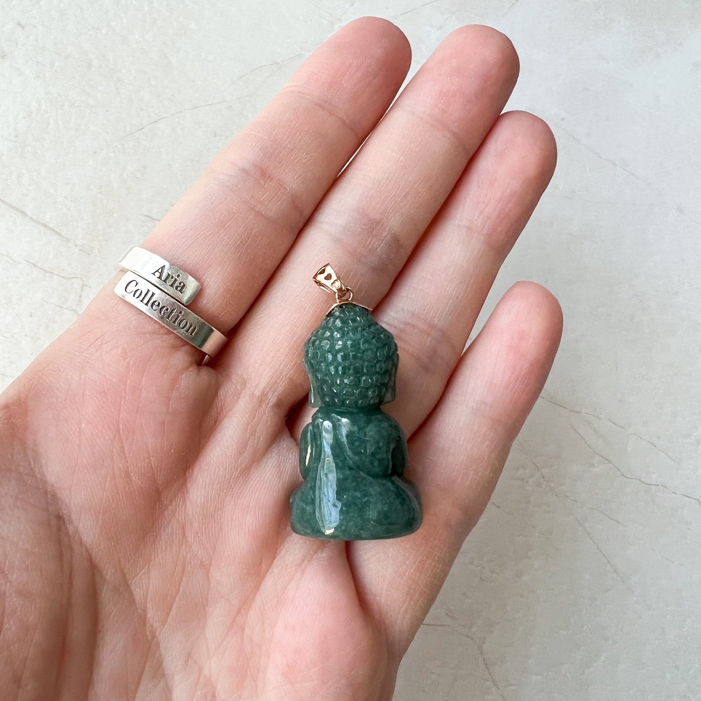 Baby Buddha with 18K Gold Bail, Green Jadeite Jade Carved Pendant - AriaDesignCollection