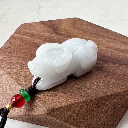 White Light Purple Jadeite Jade Ox Bull Cow Chinese Zodiac Carved Pendant Necklace, YJ-0321-0467120 - AriaDesignCollection