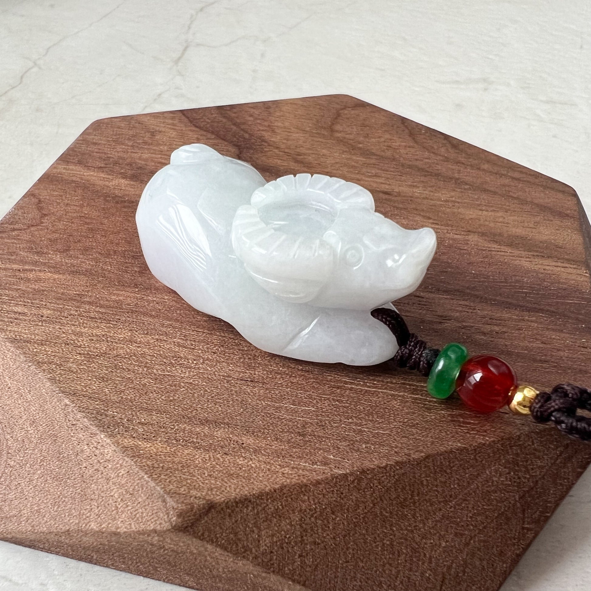 White Light Purple Jadeite Jade Ox Bull Cow Chinese Zodiac Carved Pendant Necklace, YJ-0321-0467120 - AriaDesignCollection