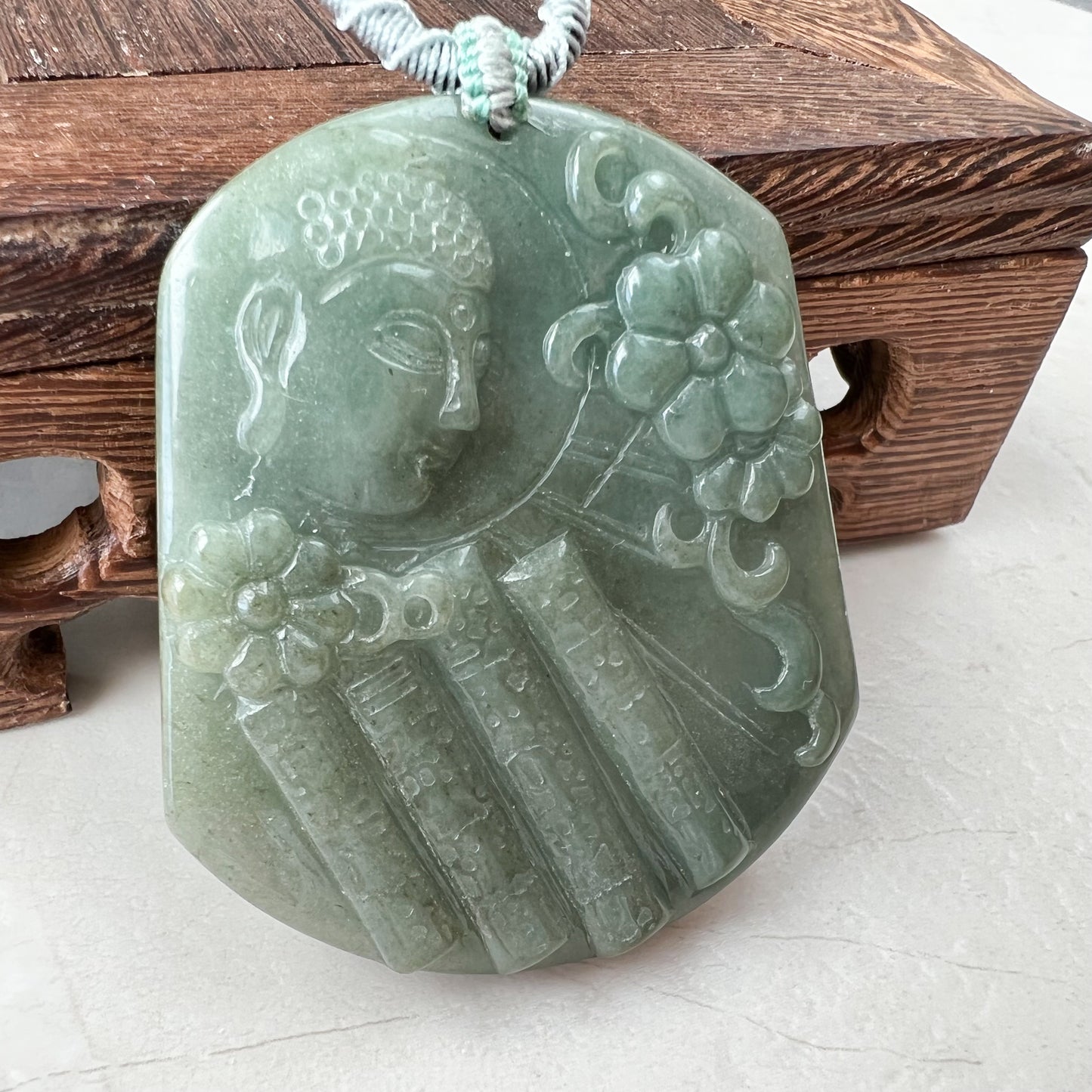 Jadeite Jade Amida Amitabha Buddha Looking Down on Earth Necklace Left, YJ-0321-0344797-1 - AriaDesignCollection