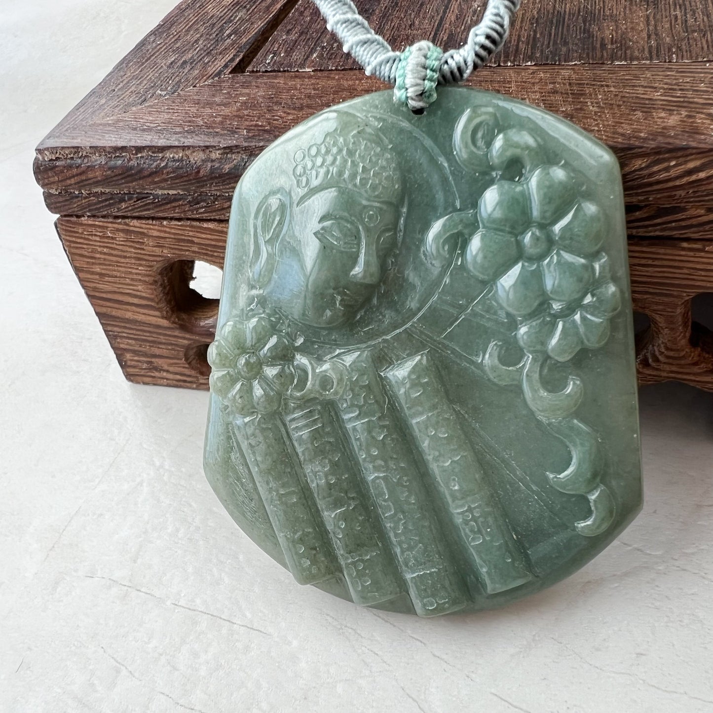 Jadeite Jade Amida Amitabha Buddha Looking Down on Earth Necklace Left, YJ-0321-0344797-1 - AriaDesignCollection