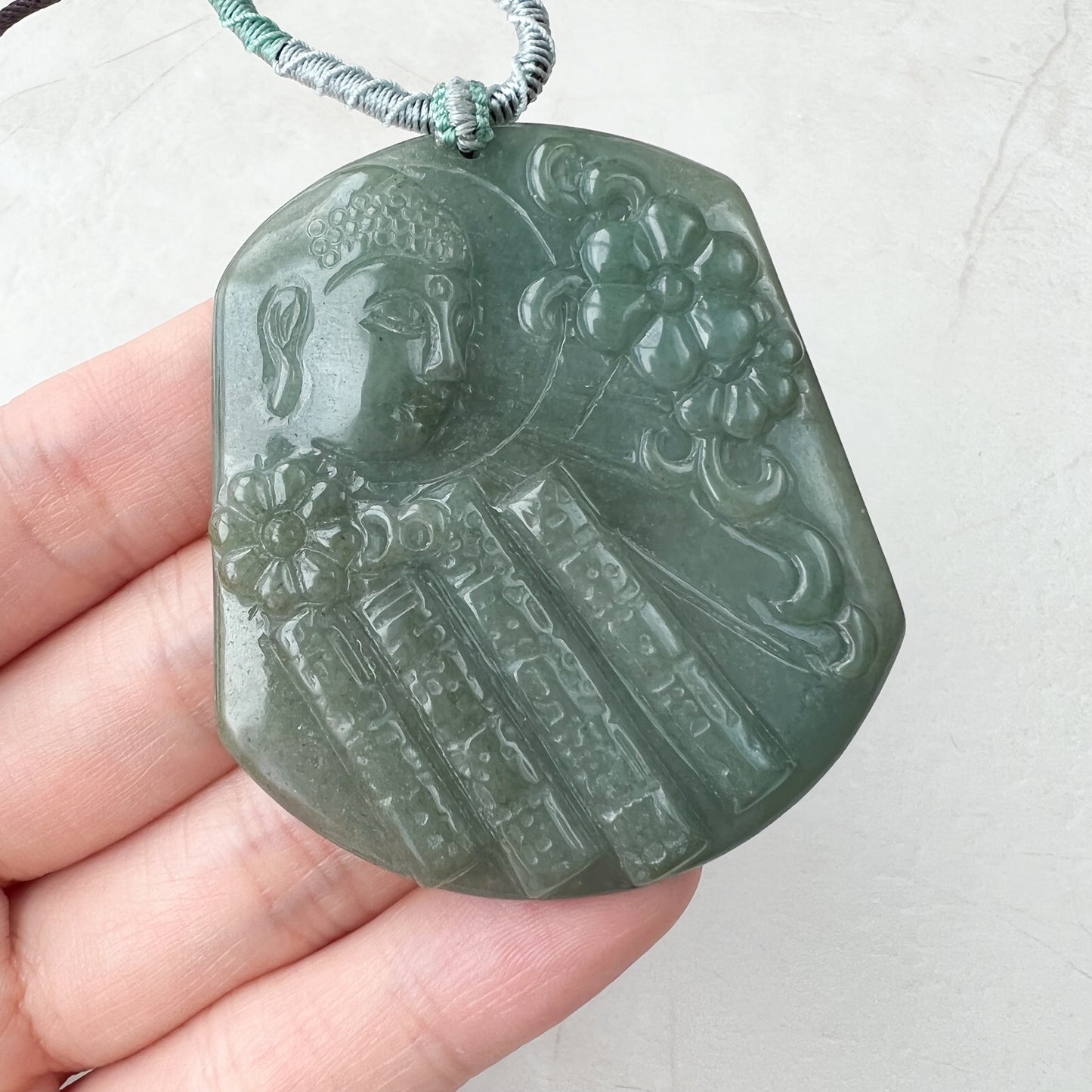 Jadeite Jade Amida Amitabha Buddha Looking Down on Earth Necklace Left, YJ-0321-0344797-1 - AriaDesignCollection