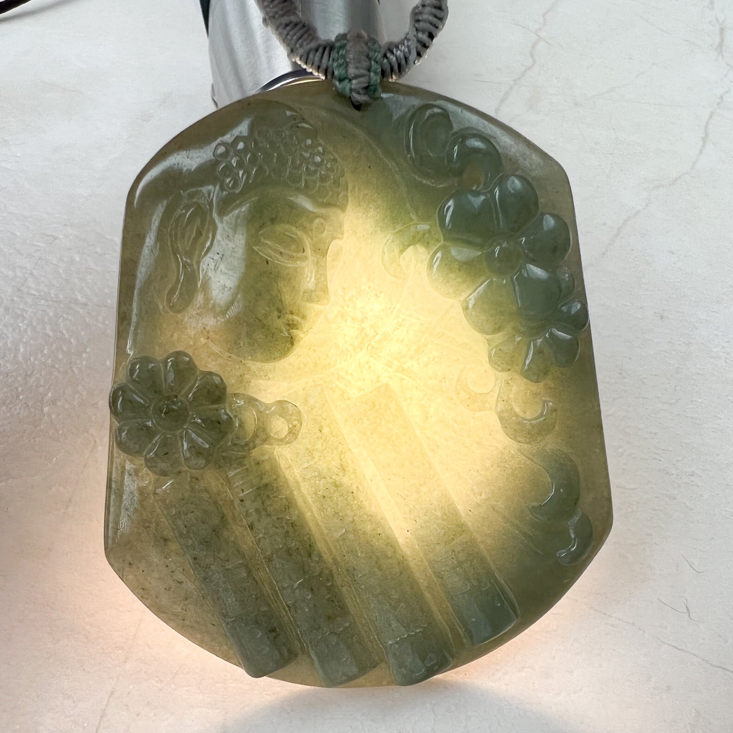 Jadeite Jade Amida Amitabha Buddha Looking Down on Earth Necklace Left, YJ-0321-0344797-1 - AriaDesignCollection