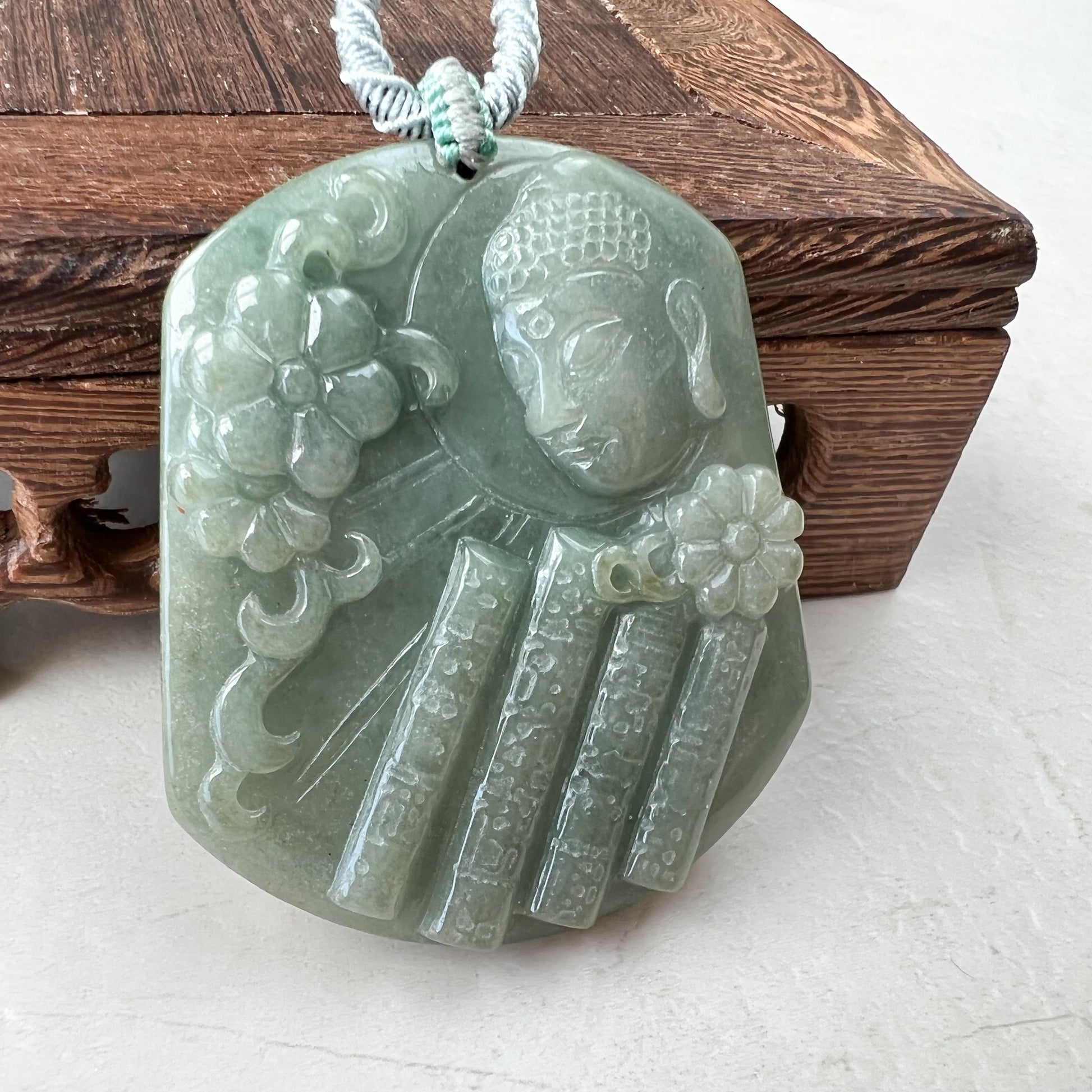 Jadeite Jade Amida Amitabha Buddha Looking Down on Earth Necklace Right, YJ-0321-0344797-2 - AriaDesignCollection