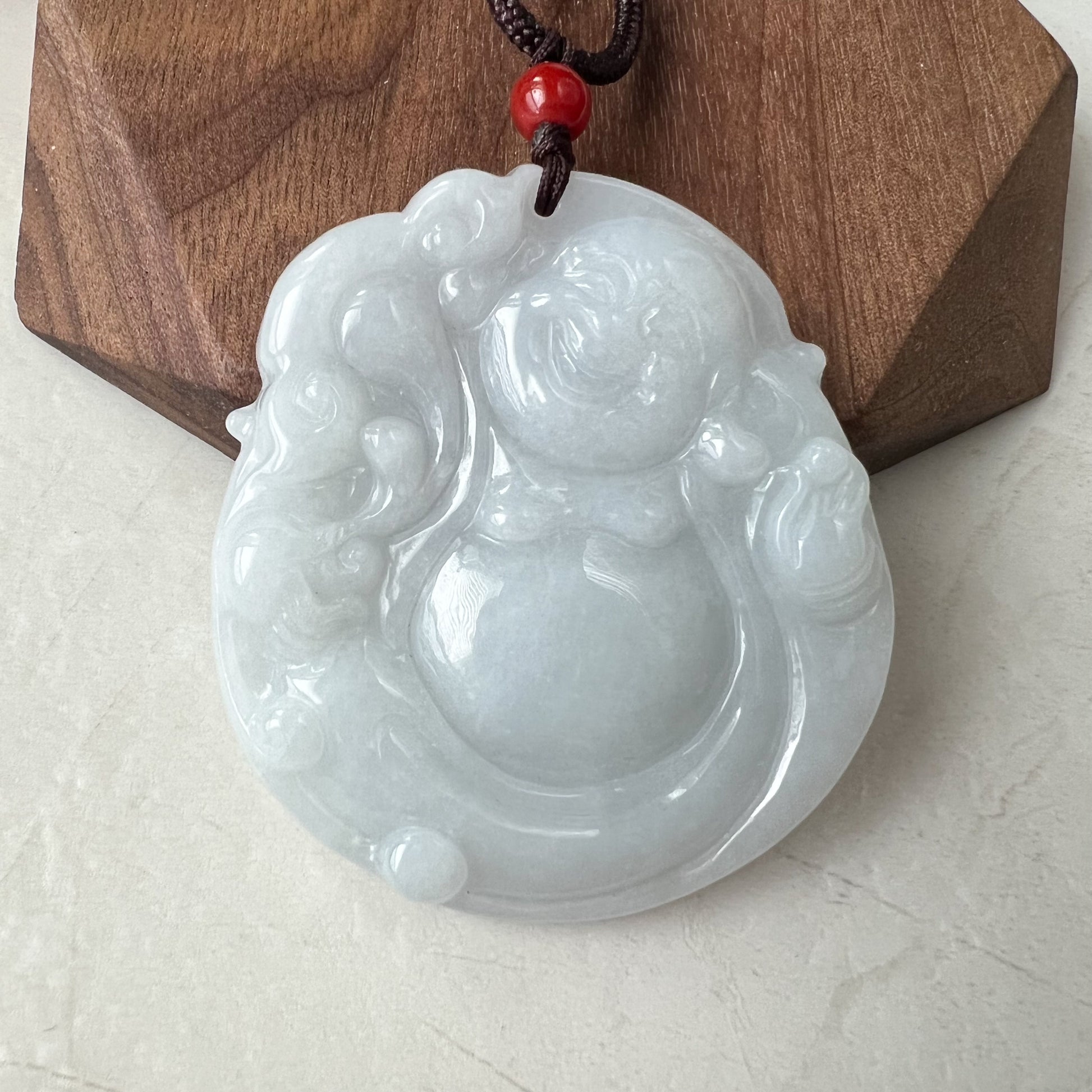 Large Jadeite Jade Happy Laughing Buddha, Light Purple Blue, Carved Jadeite Pendant, YJ-0321-0323367 - AriaDesignCollection